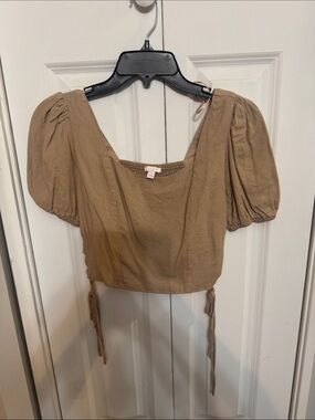 GB girls Tan Puff Sleeve Square-Neck Crop Top with Side Ties